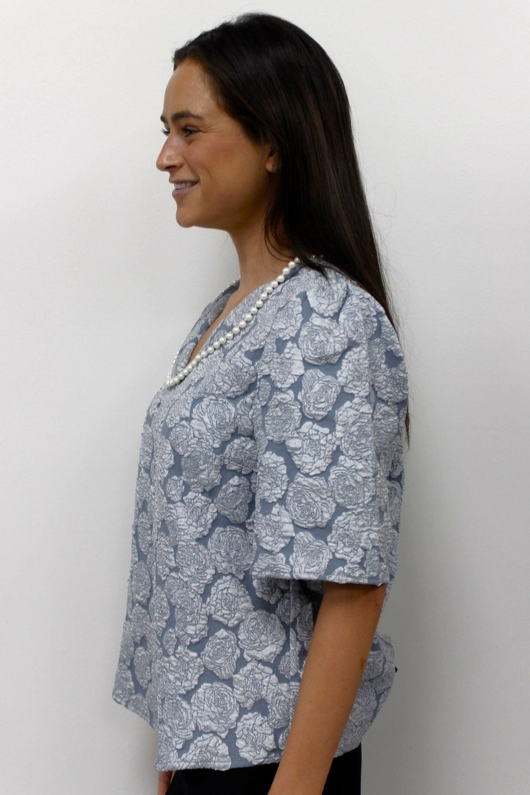 Pearl Collar Floral Textured Top - Lush Lemon - Women's Clothing - Voy - 76951501395421