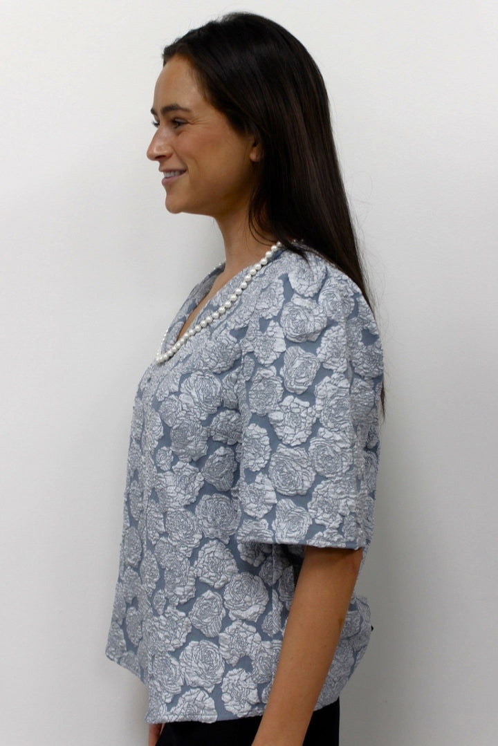 Pearl Collar Floral Textured Top - Lush Lemon - Women's Clothing - Voy - 76951501395421