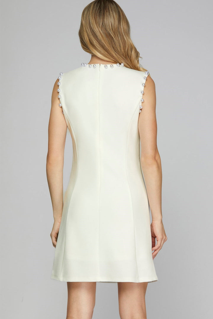 Pearl Trim Shift Dress - Lush Lemon - Women's Clothing - She + Sky - 27207221002301
