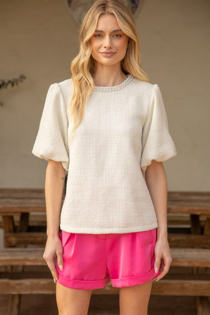 Pearl Trim Tweed Top W/Bubble Sleeve - Lush Lemon - Women's Clothing - Voy - 76055061068349
