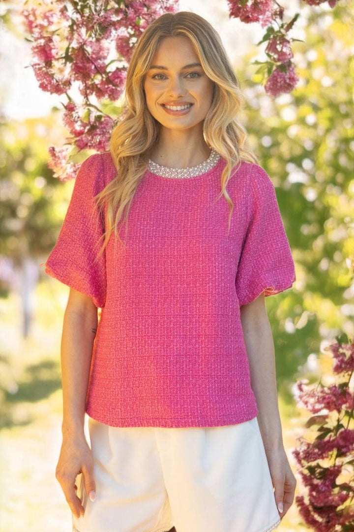 Pearl Trim Tweed Top W/Bubble Sleeve - Lush Lemon - Women's Clothing - Voy - 76055061666653