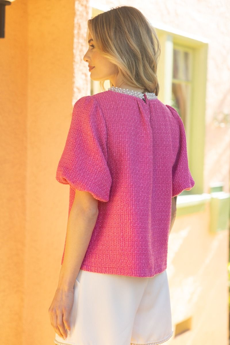 Pearl Trim Tweed Top W/Bubble Sleeve - Lush Lemon - Women's Clothing - Voy - 76055061666653