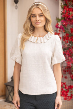 Pearled Ruffle Neck Tweed Top - Lush Lemon - Women&
