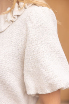 Pearled Ruffle Neck Tweed Top - Lush Lemon - Women&