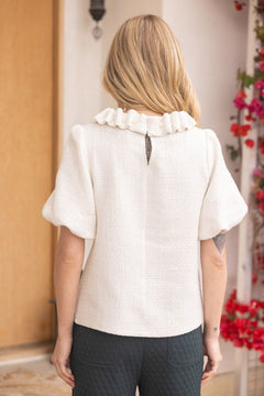 Pearled Ruffle Neck Tweed Top - Lush Lemon - Women&