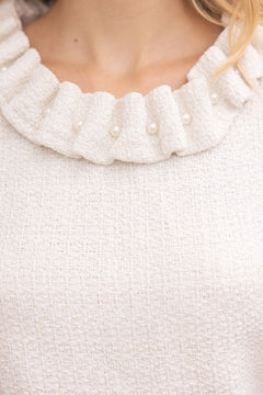 Pearled Ruffle Neck Tweed Top - Lush Lemon - Women&