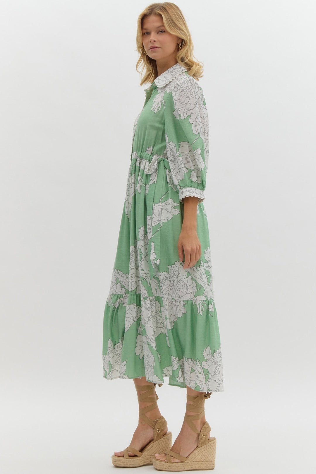 Peony Print Button Front Midi Dress W/Waist Tie - Lush Lemon - Women's Clothing - Entro - 22868701053661
