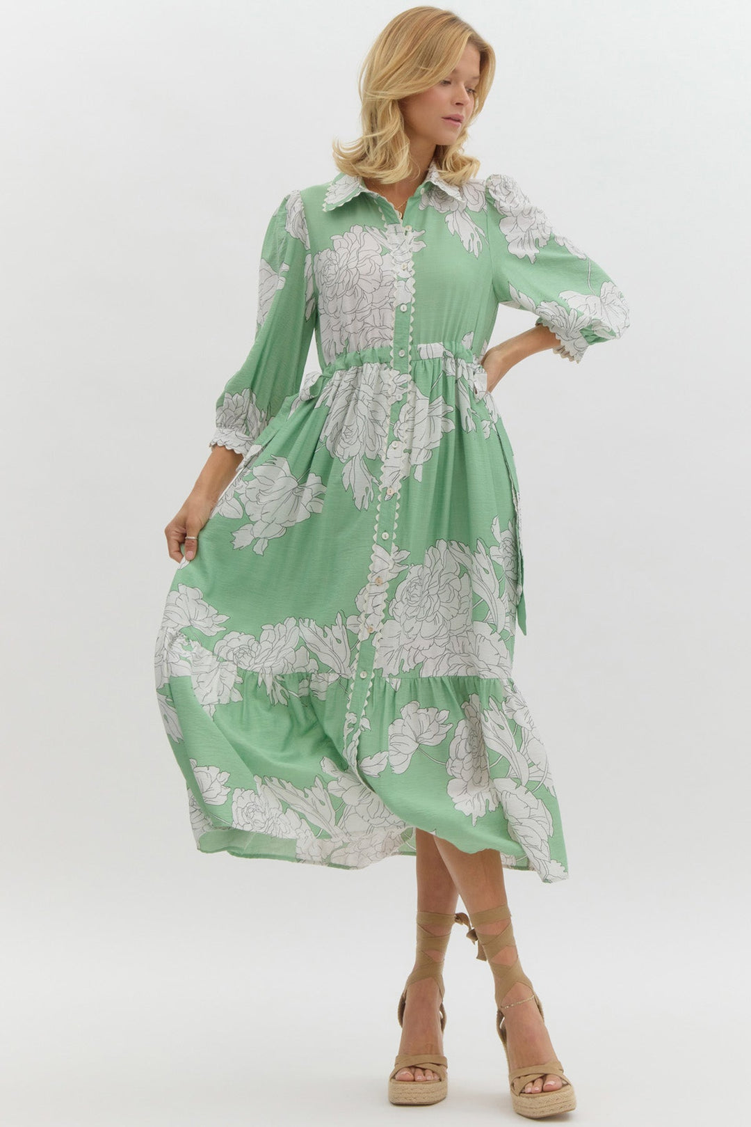 Peony Print Button Front Midi Dress W/Waist Tie - Lush Lemon - Women's Clothing - Entro - 22868701053661