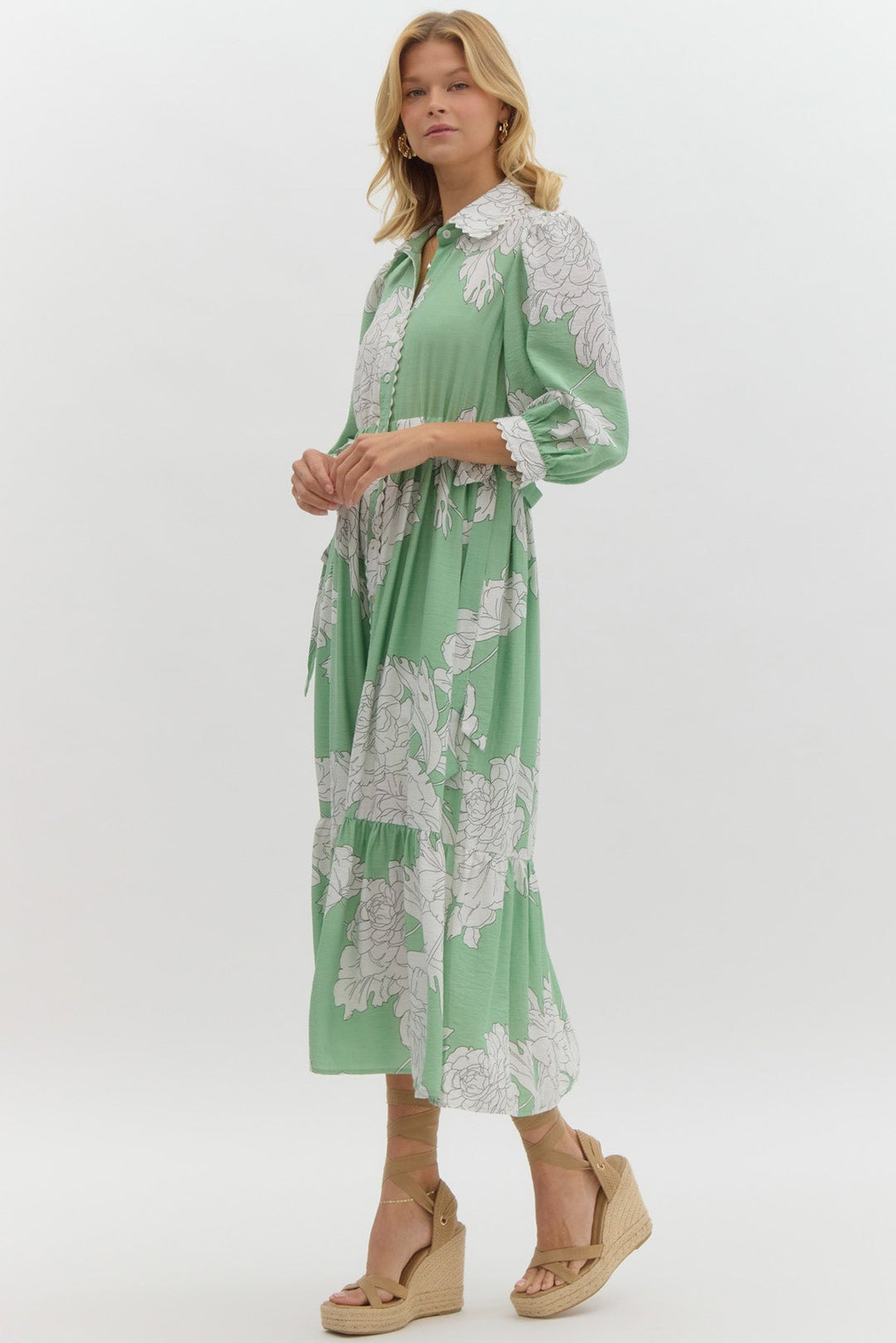 Peony Print Button Front Midi Dress W/Waist Tie - Lush Lemon - Women's Clothing - Entro - 22868701053661