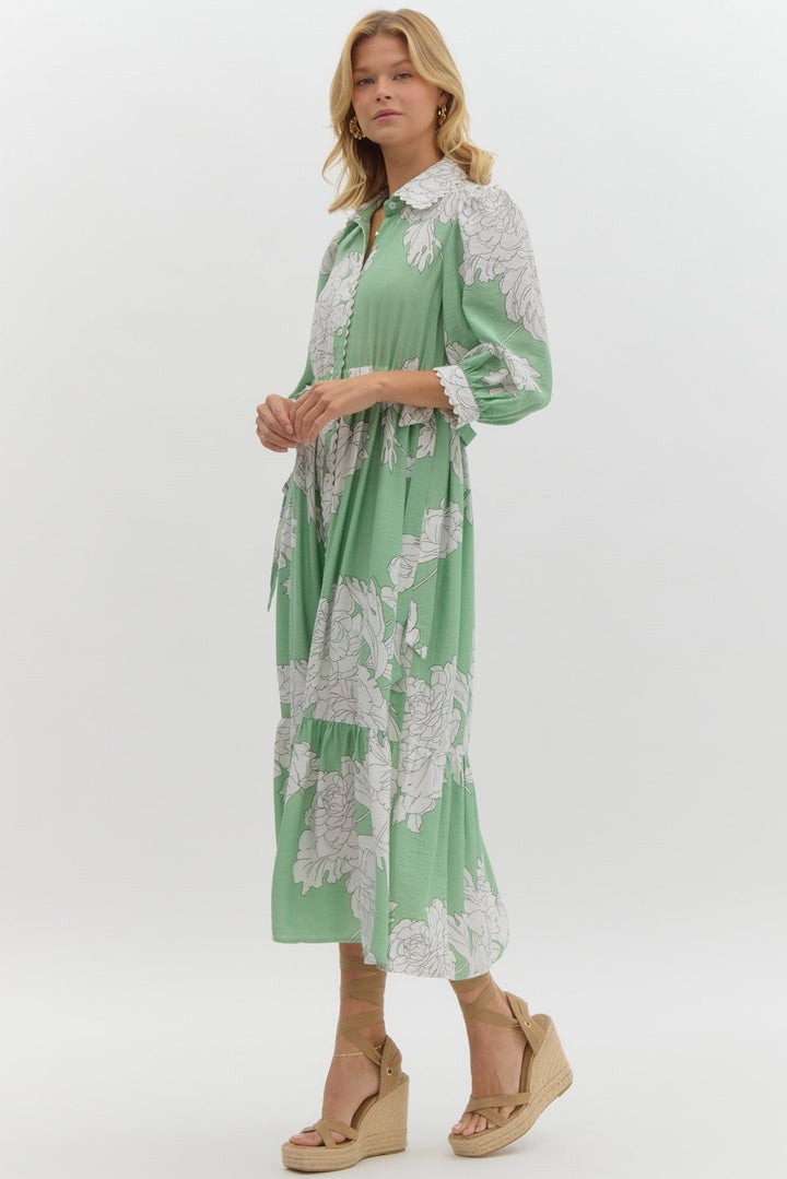 Peony Print Button Front Midi Dress W/Waist Tie - Lush Lemon - Women's Clothing - Entro - 22868701053661