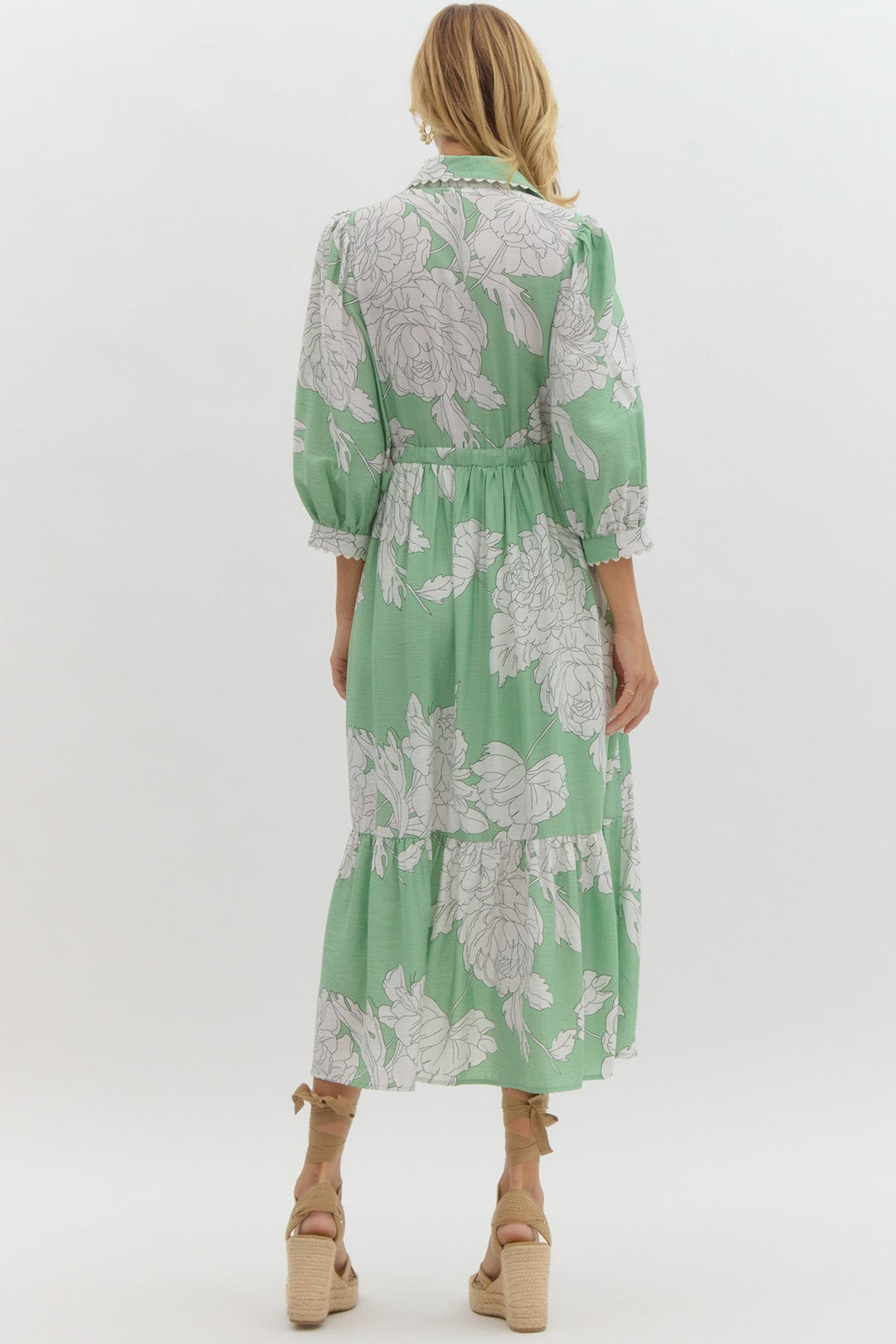 Peony Print Button Front Midi Dress W/Waist Tie - Lush Lemon - Women's Clothing - Entro - 22868701053661