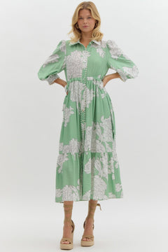 Peony Print Button Front Midi Dress W/Waist Tie - Lush Lemon - Women&