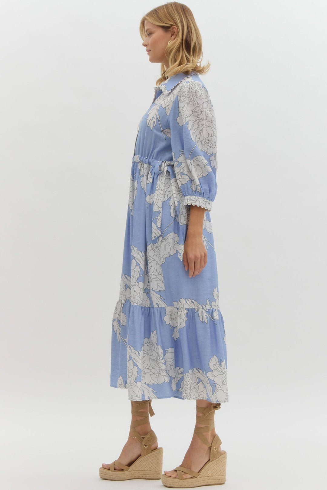 Peony Print Button Front Midi Dress W/Waist Tie - Lush Lemon - Women's Clothing - Entro - 62868701351965
