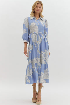 Peony Print Button Front Midi Dress W/Waist Tie - Lush Lemon - Women&