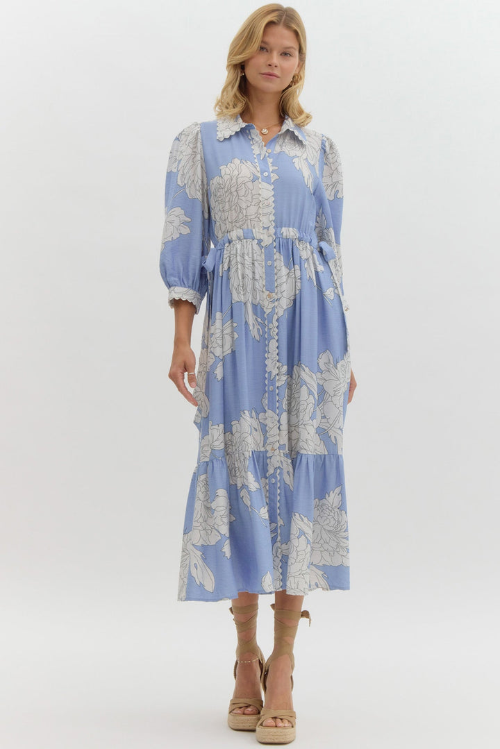 Peony Print Button Front Midi Dress W/Waist Tie - Lush Lemon - Women's Clothing - Entro - 62868701351965