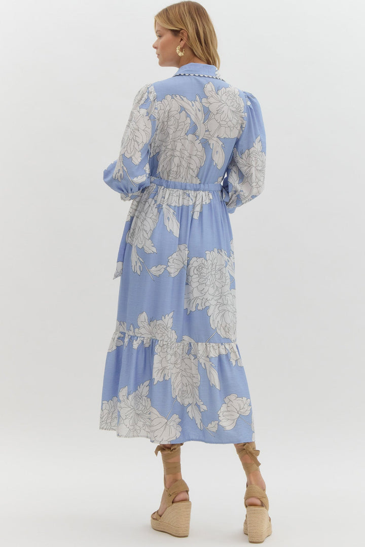Peony Print Button Front Midi Dress W/Waist Tie - Lush Lemon - Women's Clothing - Entro - 62868701351965