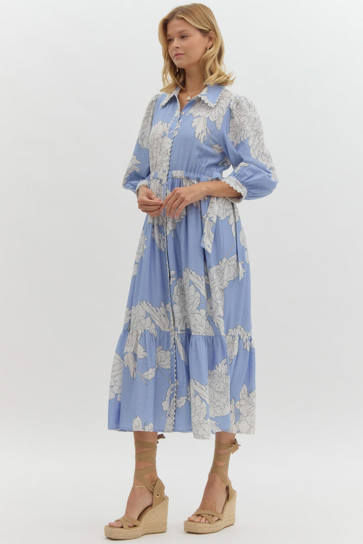 Peony Print Button Front Midi Dress W/Waist Tie - Lush Lemon - Women's Clothing - Entro - 62868701351965