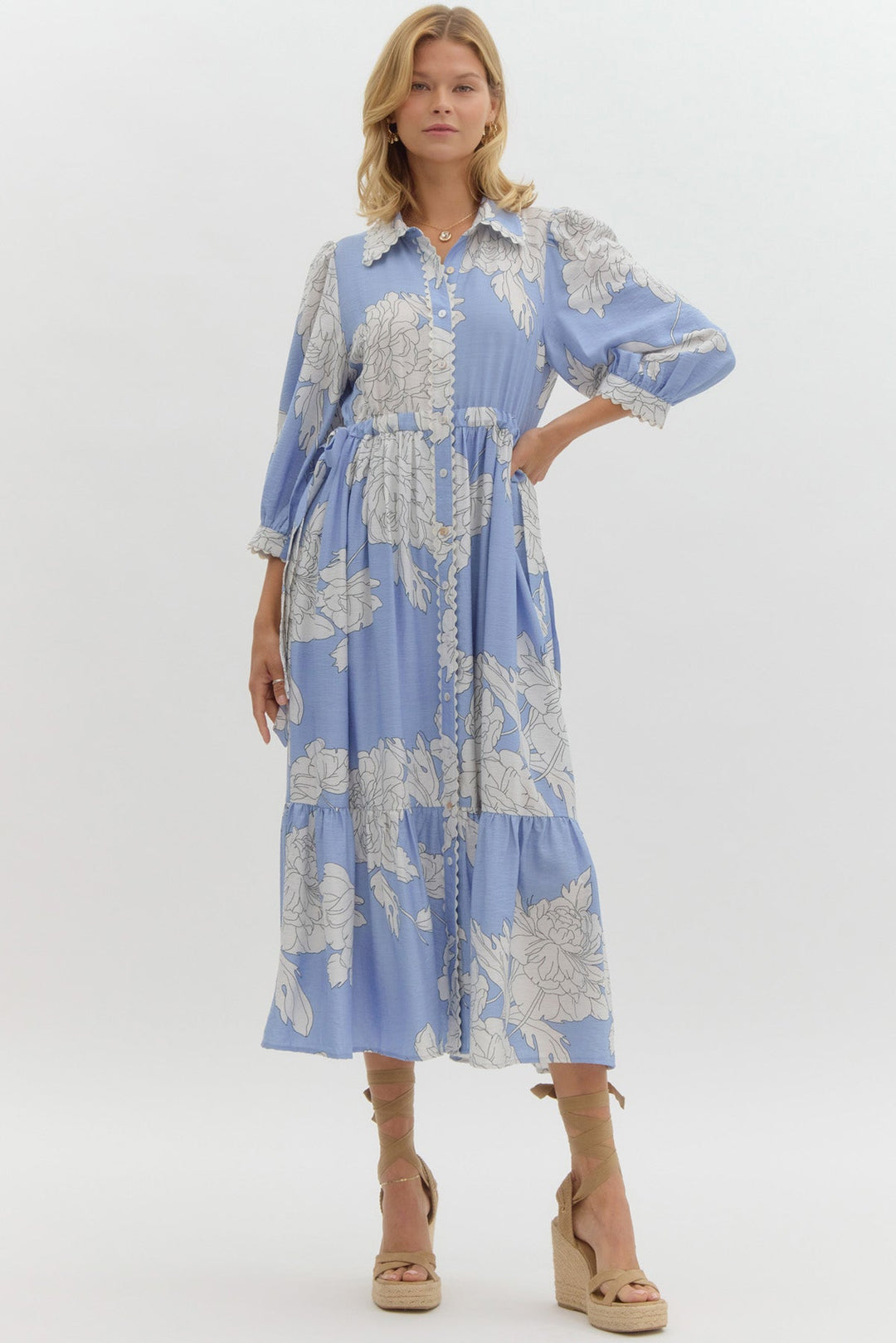 Peony Print Button Front Midi Dress W/Waist Tie - Lush Lemon - Women's Clothing - Entro - 62868701351965