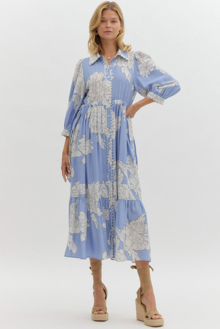 Peony Print Button Front Midi Dress W/Waist Tie - Lush Lemon - Women's Clothing - Entro - 62868701351965