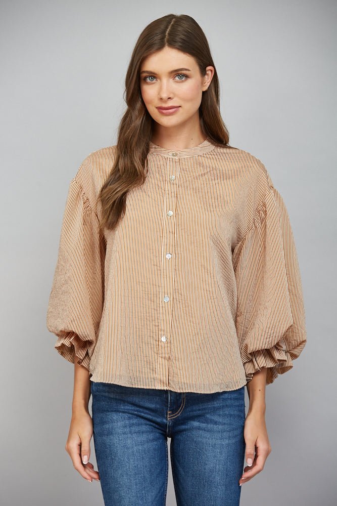 Pinstripe Bubble Sleeve Blouse - Lush Lemon - Women's Clothing - Fate By LFD - 22555071039645