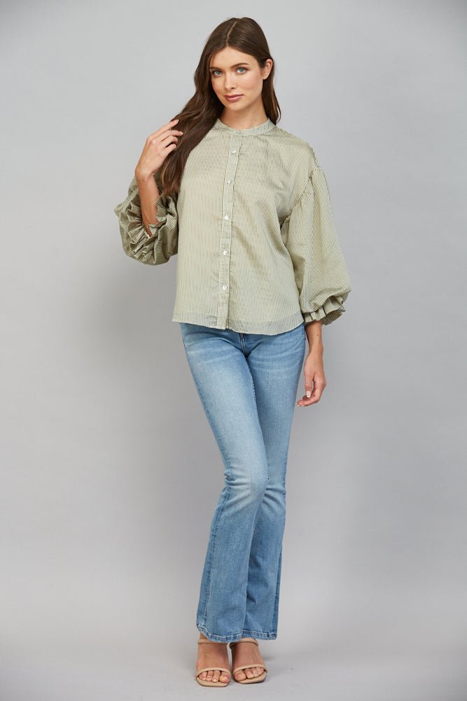 Pinstripe Bubble Sleeve Blouse - Lush Lemon - Women's Clothing - Fate By LFD - 22555071337949