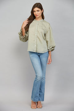 Pinstripe Bubble Sleeve Blouse - Lush Lemon - Women&
