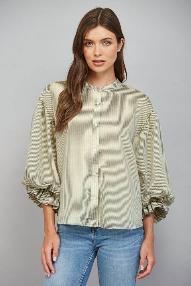 Pinstripe Bubble Sleeve Blouse - Lush Lemon - Women&