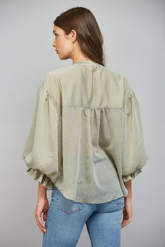 Pinstripe Bubble Sleeve Blouse - Lush Lemon - Women&