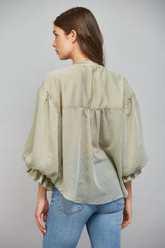 Pinstripe Bubble Sleeve Blouse - Lush Lemon - Women&