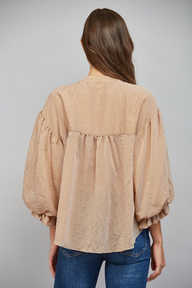 Pinstripe Bubble Sleeve Blouse - Lush Lemon - Women&