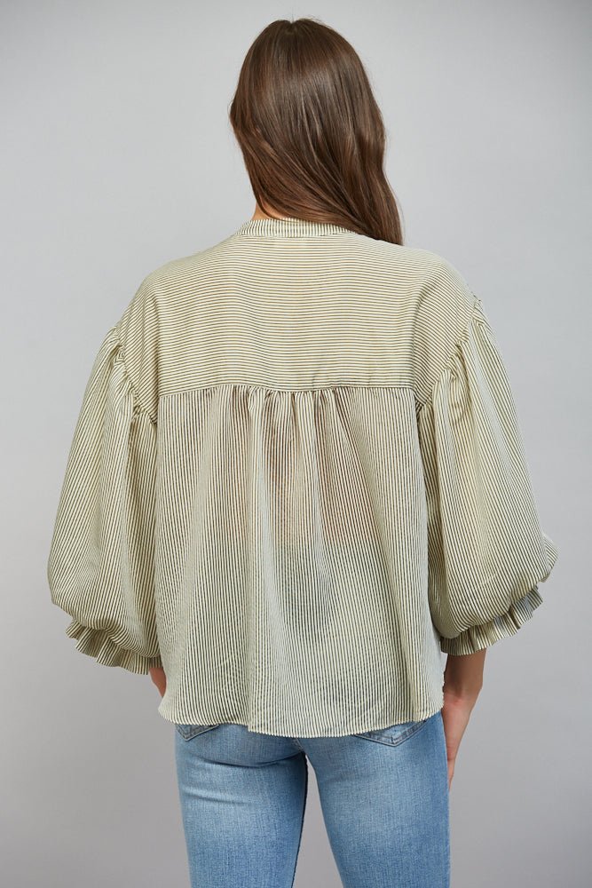 Pinstripe Bubble Sleeve Blouse - Lush Lemon - Women&