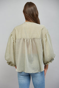 Pinstripe Bubble Sleeve Blouse - Lush Lemon - Women&