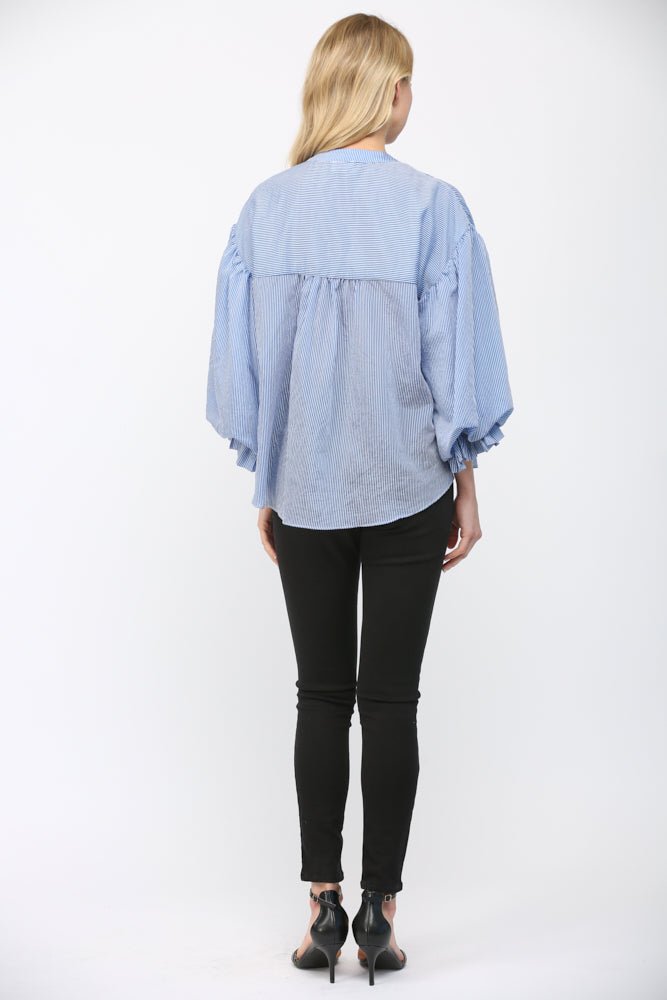 Pinstripe Bubble Sleeve Blouse - Lush Lemon - Women's Clothing - Fate By LFD - 83973031029885