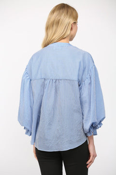 Pinstripe Bubble Sleeve Blouse - Lush Lemon - Women&