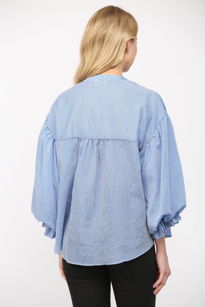 Pinstripe Bubble Sleeve Blouse - Lush Lemon - Women's Clothing - Fate By LFD - 83973031029885