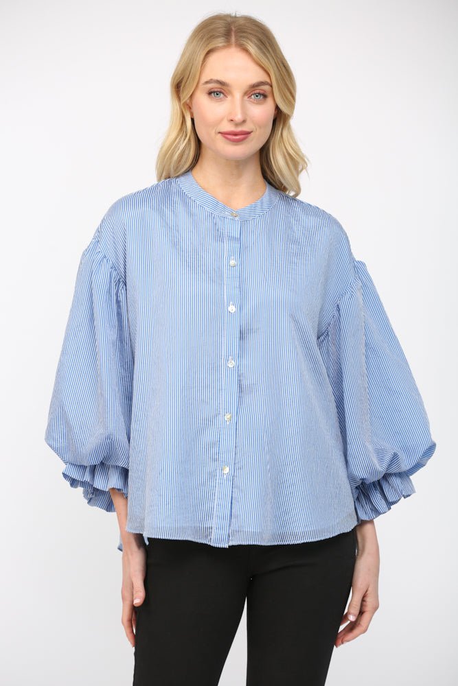 Pinstripe Bubble Sleeve Blouse - Lush Lemon - Women's Clothing - Fate By LFD - 83973031029885