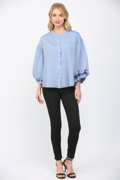 Pinstripe Bubble Sleeve Blouse - Lush Lemon - Women&
