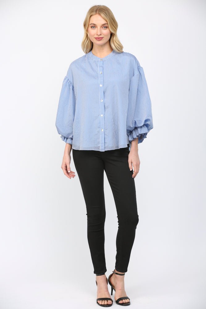 Pinstripe Bubble Sleeve Blouse - Lush Lemon - Women's Clothing - Fate By LFD - 83973031029885