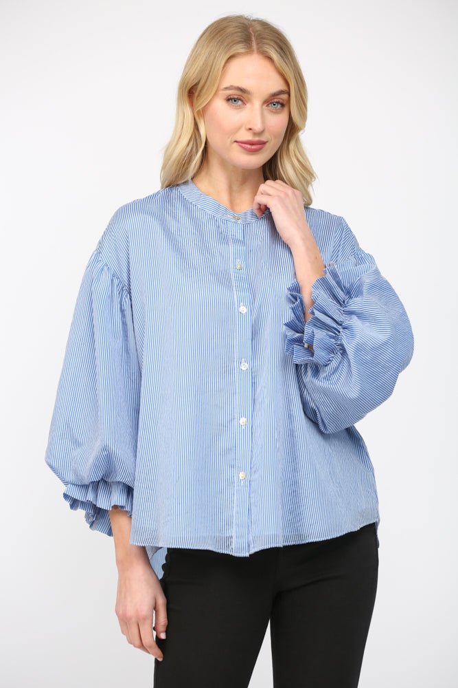 Pinstripe Bubble Sleeve Blouse - Lush Lemon - Women's Clothing - Fate By LFD - 83973031029885