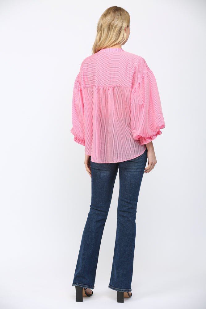 Pinstripe Bubble Sleeve Blouse - Lush Lemon - Women's Clothing - Fate By LFD - 83973031328189