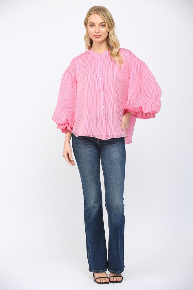 Pinstripe Bubble Sleeve Blouse - Lush Lemon - Women's Clothing - Fate By LFD - 83973031328189