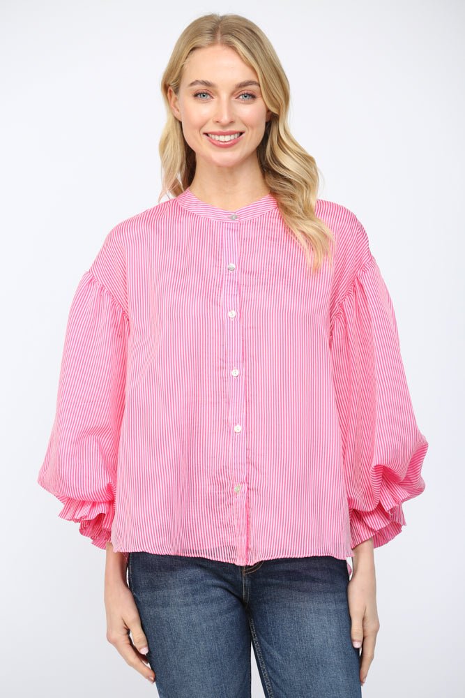 Pinstripe Bubble Sleeve Blouse - Lush Lemon - Women's Clothing - Fate By LFD - 83973031328189
