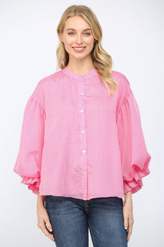 Pinstripe Bubble Sleeve Blouse - Lush Lemon - Women&
