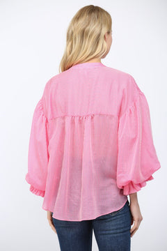 Pinstripe Bubble Sleeve Blouse - Lush Lemon - Women&