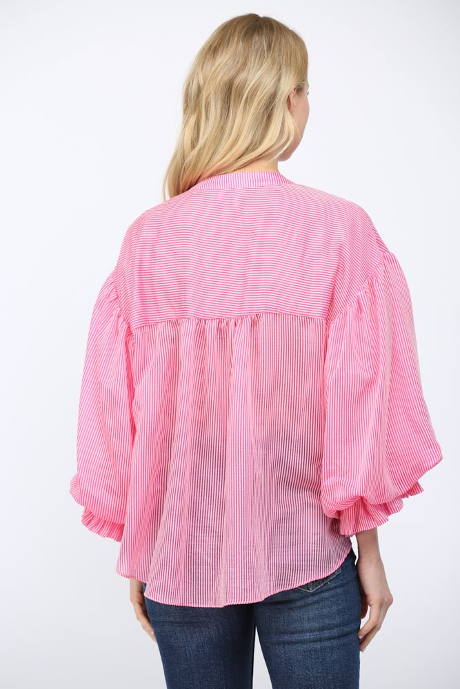 Pinstripe Bubble Sleeve Blouse - Lush Lemon - Women's Clothing - Fate By LFD - 83973031328189