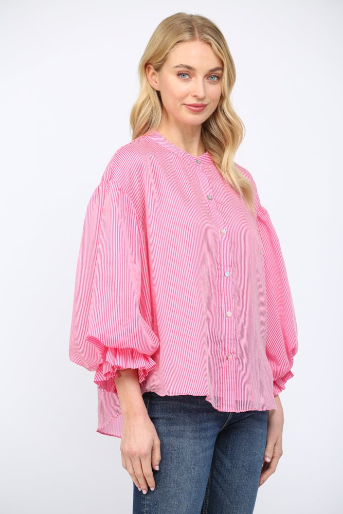 Pinstripe Bubble Sleeve Blouse - Lush Lemon - Women's Clothing - Fate By LFD - 83973031328189