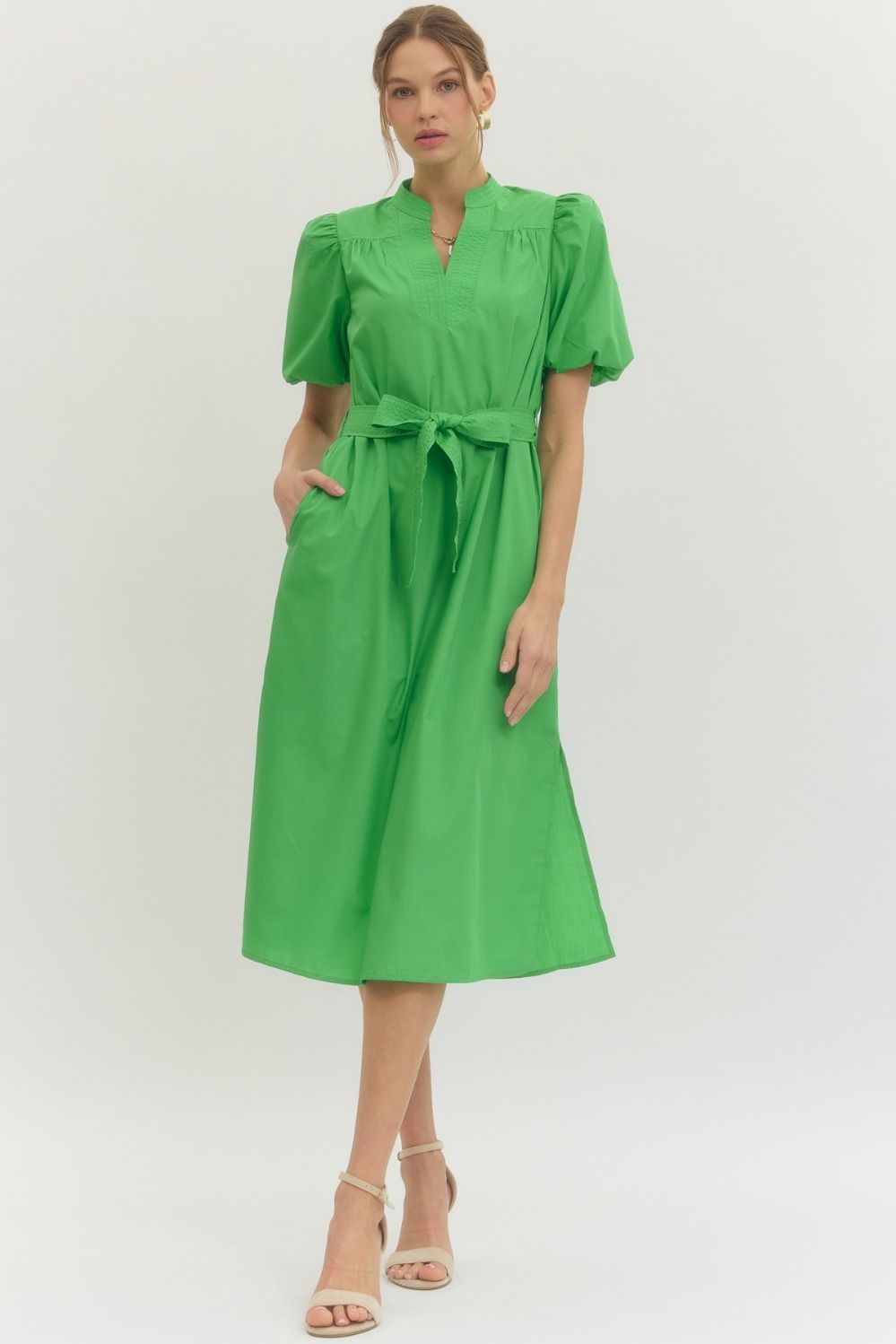 Pintuck Detail Puff Sleeve Midi Dress - Lush Lemon - Women's Clothing - Entro - 28456291064765