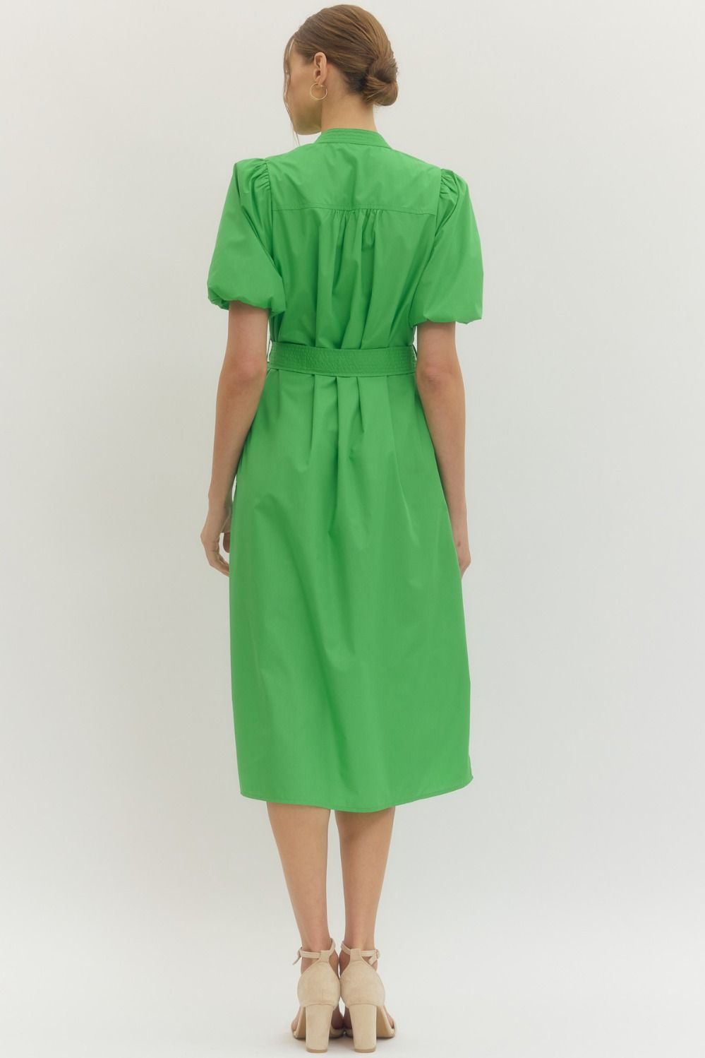 Pintuck Detail Puff Sleeve Midi Dress - Lush Lemon - Women's Clothing - Entro - 28456291064765