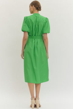 Pintuck Detail Puff Sleeve Midi Dress - Lush Lemon - Women&