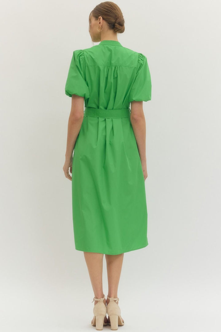 Pintuck Detail Puff Sleeve Midi Dress - Lush Lemon - Women's Clothing - Entro - 28456291064765